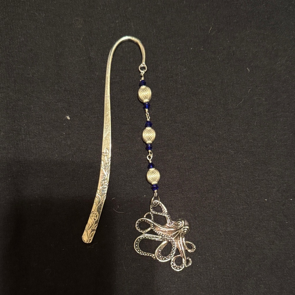 Silver Octopus Bookmark with Blue Accents